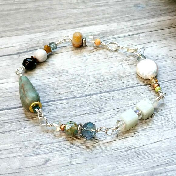 Gemstone Beaded Bracelet - 7.5" - Obsidian Czech Glass Amazonite - Picture 5 of 6